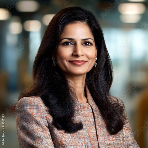Portrait of a confident, affluential CEO woman in her office. She is wearing a dress suit and smiling with her mouth closed. 