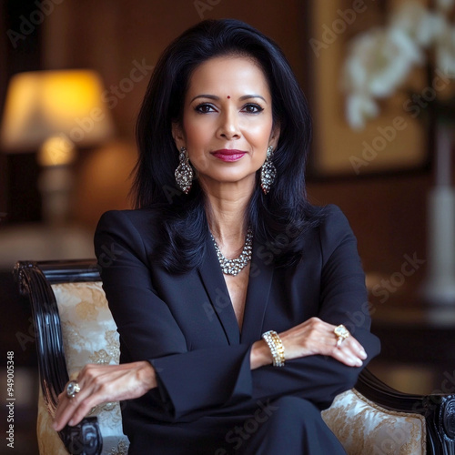 Professional Magazine Style Portrait of a smiling CEO of a large company in her late 40s or early 50s, posing in her office chair by her desk. 