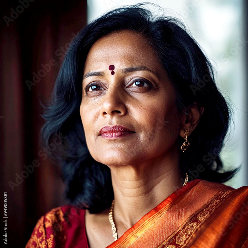 A portrait of a woman in her 50s dressed in traditional silk Indian clothing and adorned with gold jewelry with a serene, content, soft smile looking off into the distance photo