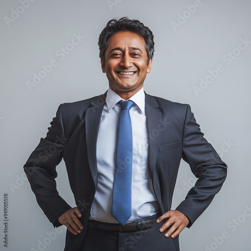 Portrait of a smiling business man in his late 40s, early 50s with his hands on his hips, wearing a blue tie, and a dark blue-grey suit. 