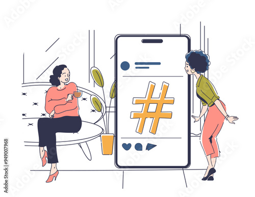 People with hashtag concept. Two women engaged in promotion in social networks and messengers. Posts in social media, commerce. Linear flat vector illustration isolated on white background