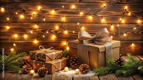 Cozy cabin style Christmas gift box illustrations with warm wood tones and twinkling lights photo