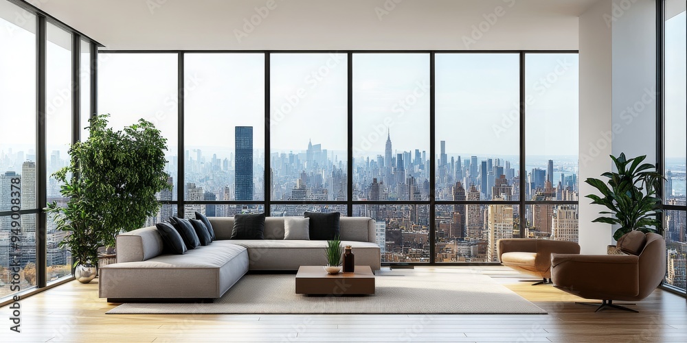 Fototapeta premium Sleek City Apartment with Floor-to-Ceiling Windows
