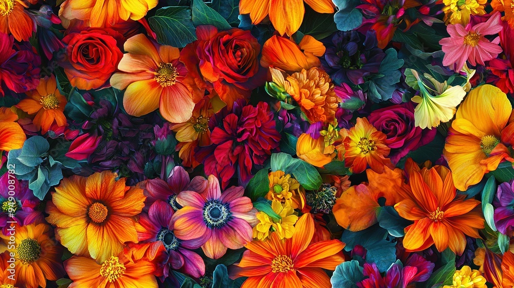 A colorful cluster of flowers in close-up, with vibrant hues at the base A colorful cluster of flowers in close-up, with vibrant hues at the base