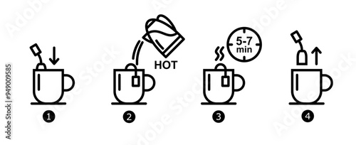 how to make a cup of tea step by step guideline (solid  black fill). vector making a cup of tea instruction for package, mockup, product, web, app, ui etc use.