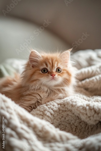 Adorable Fluffy Kitten Relaxing on Cozy Blanket