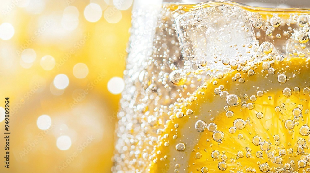 Close-up shot of a glass filled with water, featuring a lemon slice and bubbles at the edge Close-up shot of a glass filled with water, featuring a lemon slice and bubbles at the edge