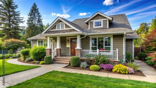 Cozy single-story home with bright windows, sloping roof, and lush greenery surrounding the welcoming front porch, set amidst a serene suburban neighborhood backdrop.