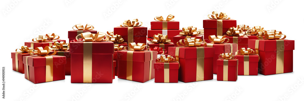 festive Christmas gifts, presents boxes in a row, red and golden, isolated festive Christmas gifts, presents boxes in a row, red and golden, isolated
