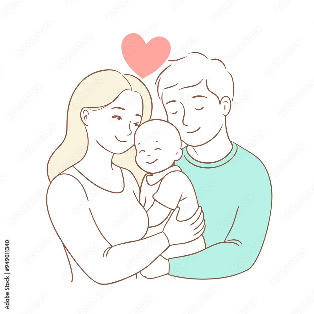 Happy family with baby, loving parents, minimalistic line art illustration Happy family with baby, loving parents, minimalistic line art illustration