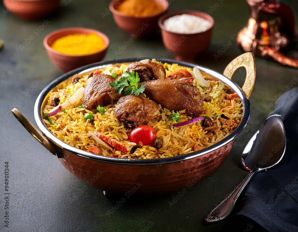 Biryani in a big steel pot with chicken, beef and vegetables Biryani in a big steel pot with chicken, beef and vegetables