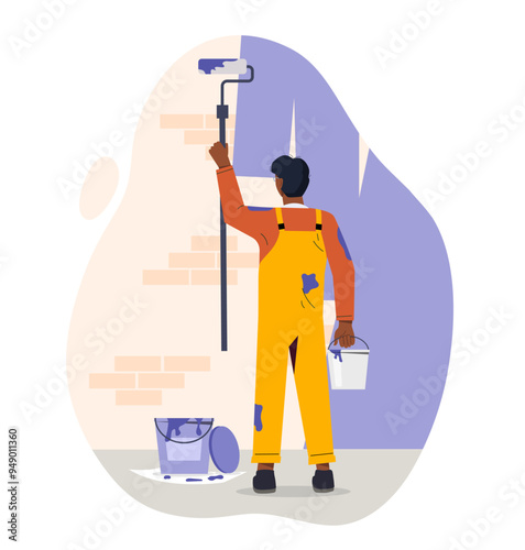 House wall painting. Man with painting roller and bucket of paints. Renovation and repair in home or apartment. Worker in uniform. Flat vector illustration isolated on white background