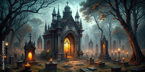 Wallpaper Mural Creepy graveyard decorations illustration in dark tones with gothic architecture and mystical mood Torontodigital.ca