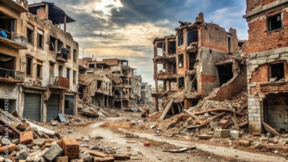 Crumbling brick buildings, shattered windows, and debris-strewn streets depict devastating consequences of conflict and destruction. Crumbling brick buildings, shattered windows, and debris-strewn streets depict devastating consequences of conflict and destruction.