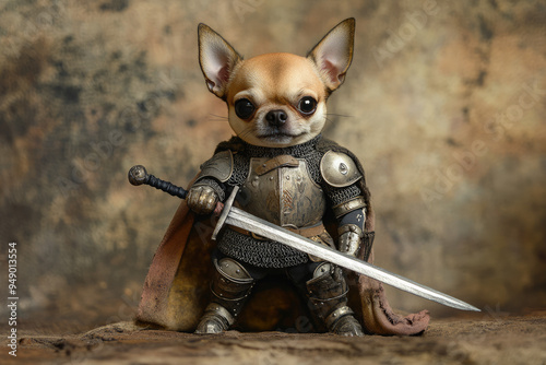 Small Dog Knight in Armor Attacking with Sword Full Figure photo