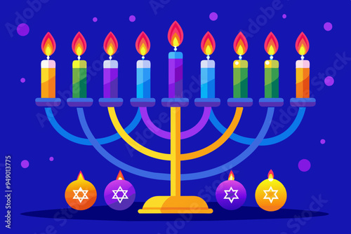 A brightly colored menorah with nine lit candles stands against a deep blue background