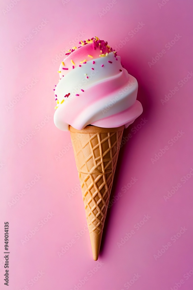 A pink ice cream cone with sprinkles on a pink background A pink ice cream cone with sprinkles on a pink background