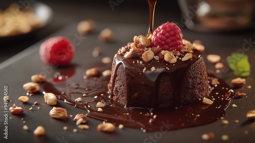 Chocolate cake with chocolate sauce, raspberries, and nuts photo