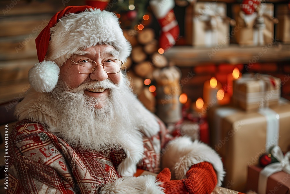 Φωτογραφία This delightful scene features a smiling Santa Claus dressed in his traditional attire, surrounded by colorful presents and holiday decor, creating a cozy atmosphere filled with laughter and joy