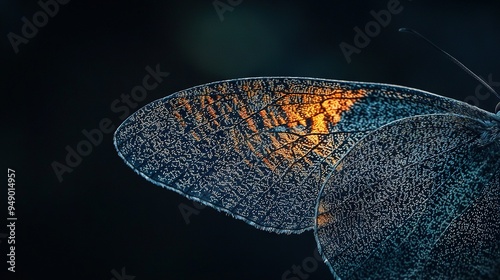   A close-up of a blue butterfly with a yellow spot on its wing and a black background