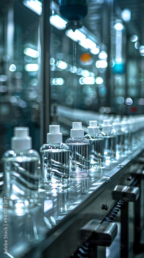 Cosmetic bottles on conveyor belt Cosmetic bottles on conveyor belt