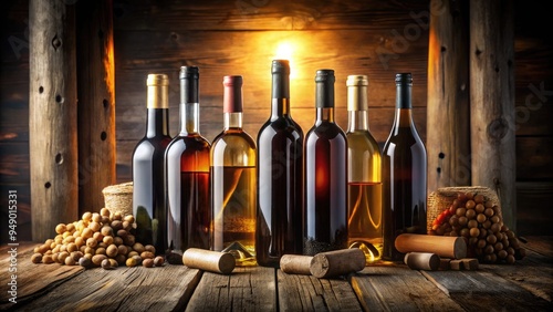 Dark wooden background showcases elegant wine bottles with labels and corks, with warm lighting accentuating the rich colors and textures of the aged liquid. photo