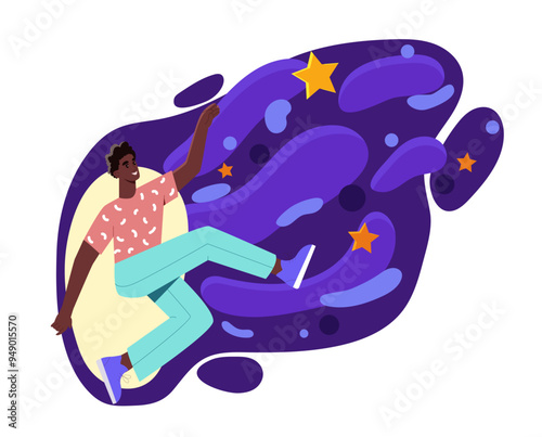 Person with imagination. Man with fantasy and dream. Guy jump in universe and galaxy. Creative character seeking inspiration. Flat vector illustration isolated on white background