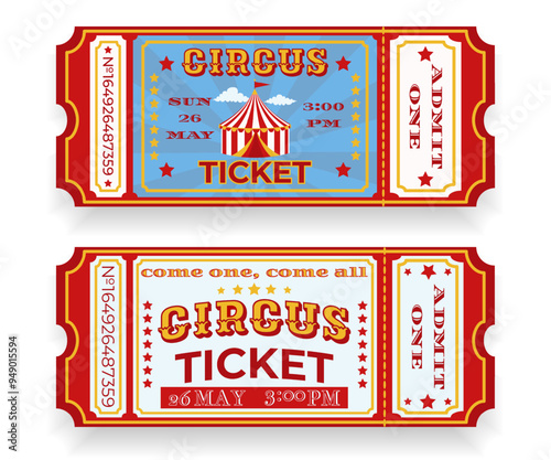 Two old tickets to the circus. Circus tent, stars and decorative text. Retro design with date, time and ticket number in classic style. For use at carnivals, circuses, event promotions.