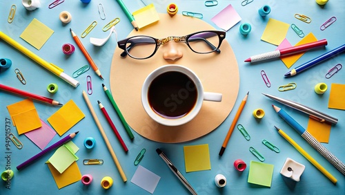 A cheerful, bewildered expression on a face, surrounded by scattered notes, pens, and cups, conveying a sense of joyful indecision and playful uncertainty. photo