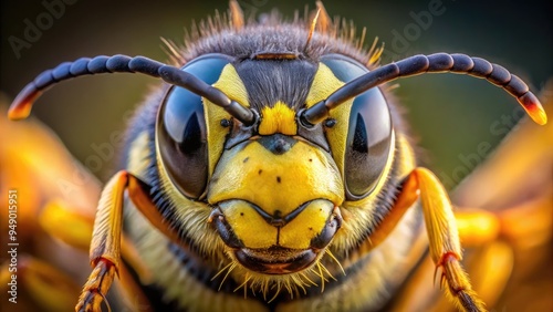 A close-up view of a yellow and black wasp's facial features, showcasing intricate details of its compound eyes, antennae, and delicate mouthparts amidst a soft, blurred background. photo