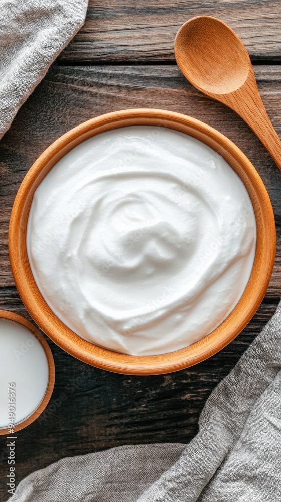 A bowl of sour cream sits on a rustic kitchen table with a wooden spoon resting beside it. Fresh ingredients surround the ceramic dish, inviting culinary creativity A bowl of sour cream sits on a rustic kitchen table with a wooden spoon resting beside it. Fresh ingredients surround the ceramic dish, inviting culinary creativity