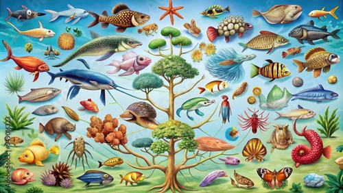 A colorful illustration of various organisms, from simplest life forms to complex species, showcasing hierarchical relationships and classification within a comprehensive taxonomy framework. photo