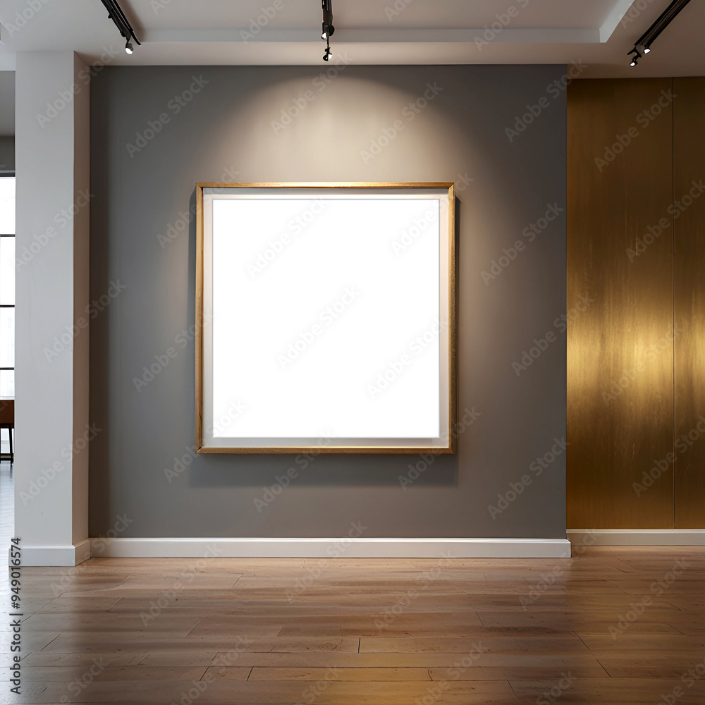 A sophisticated square picture frame mockup of a modern art gallery that has a front wall with a large square picture frame on it with stunning lighting and gold tones A sophisticated square picture frame mockup of a modern art gallery that has a front wall with a large square picture frame on it with stunning lighting and gold tones