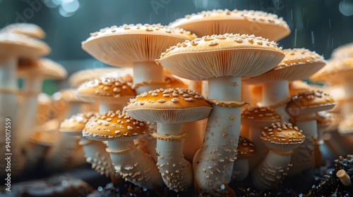 A bunch of mushrooms with brown caps and white stems photo