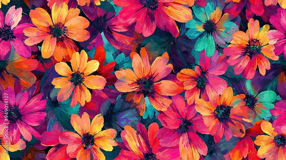 Colorful flowers bloom vividly in a photo's center, surrounded by other vibrant blooms Colorful flowers bloom vividly in a photo's center, surrounded by other vibrant blooms