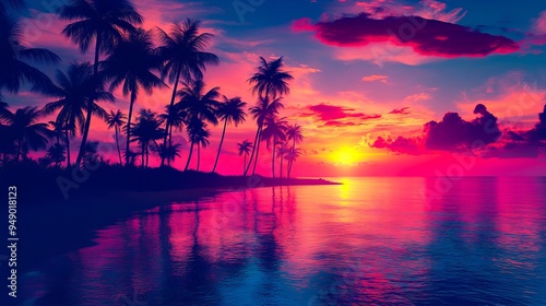 A sunset over the ocean with palm trees in the foreground