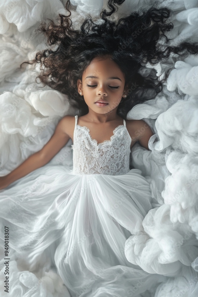 Dreamy Childhood Portrait: Ethereal Girl in White Dress Surrounded by Soft Clouds