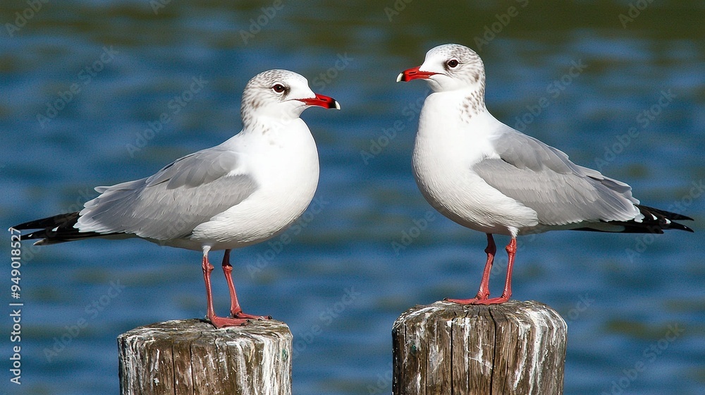 Two seagulls perch atop a wooden post overlooking a serene body of water and a vivid blue sky Two seagulls perch atop a wooden post overlooking a serene body of water and a vivid blue sky