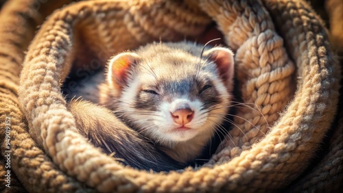 Adorable ferret curls up in a cozy ball, eyes closed, whiskers twitching, surrounded by soft blankets and a warm atmosphere, conveying peaceful slumber.