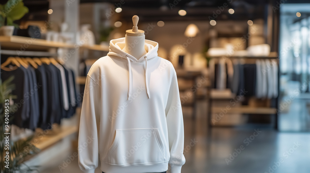 A mannequin showcasing a plain white hoodie stands in the foreground of a trendy retail store A mannequin showcasing a plain white hoodie stands in the foreground of a trendy retail store