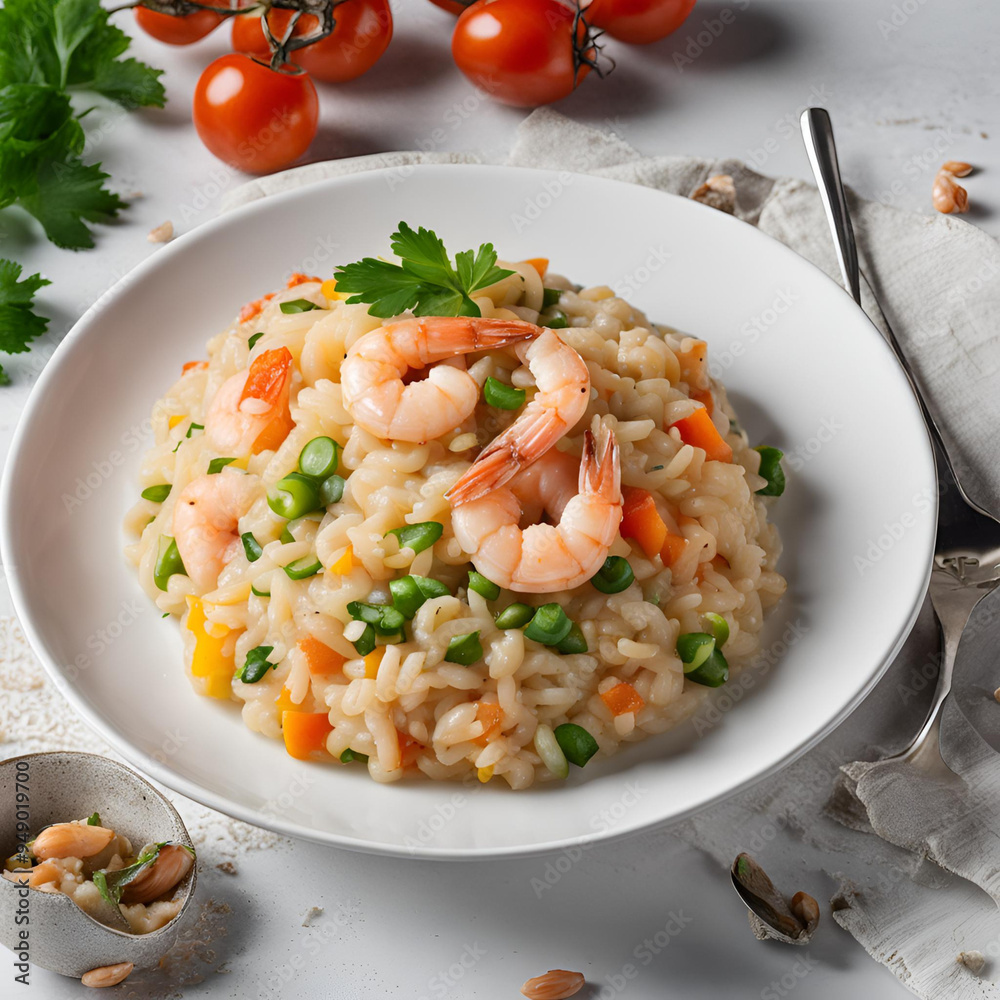 Risotto z warzywami i krewetkami na białym talerzu Risotto z warzywami i krewetkami na białym talerzu
