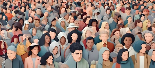 A large crowd of diverse people in a paper cut-out style, showcasing various figures with distinct features and colors, creating a visually engaging and inclusive representation.