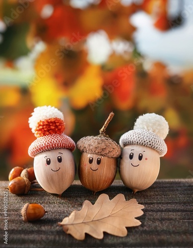 cute Family of acorns in hats, funny emotion faces. children's creativity, DIY idea for fall season. acorns, berries and oak leaves, symbol of autumn