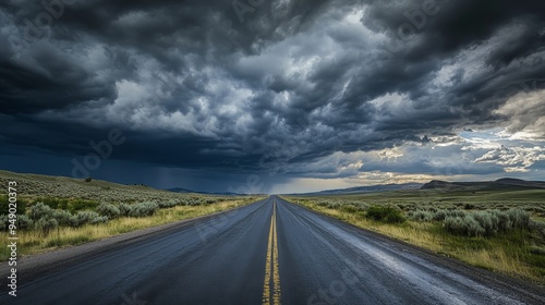 Remote road under looming storm clouds