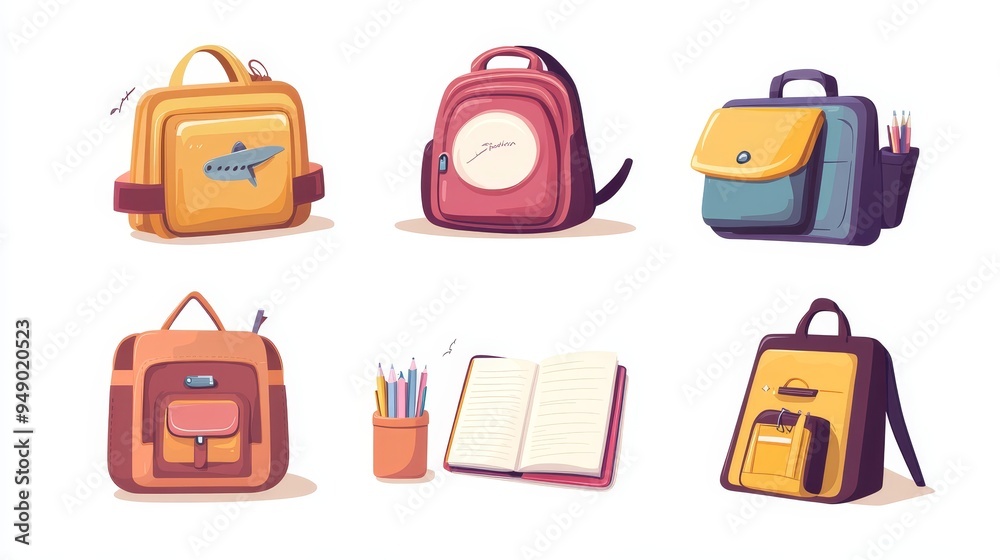 School backpacks and schoolbags from various angles. Open kids bag with stationery, notebooks, and textbooks. Closed student backpack. Vector illustration. School backpacks and schoolbags from various angles. Open kids bag with stationery, notebooks, and textbooks. Closed student backpack. Vector illustration.