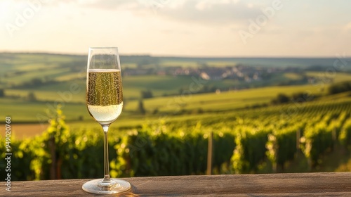 Sparkling premier cru champagne, with bubbles, overlooking green vineyards in Hautvillers, France. photo