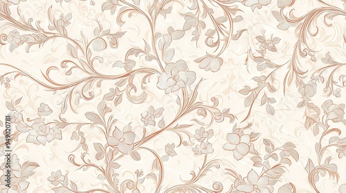   A floral design with shades of pink on a white backdrop, featuring a brown border along the left edge