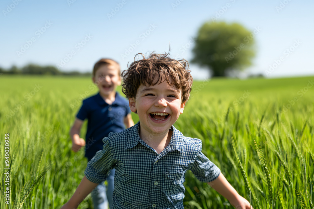 Fototapeta premium Joyful children running in green field