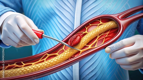 Detailed illustration of a doctor's hands placing a stent in an artery, highlighting the crucial step in angioplasty procedure for treating blocked vessels. photo