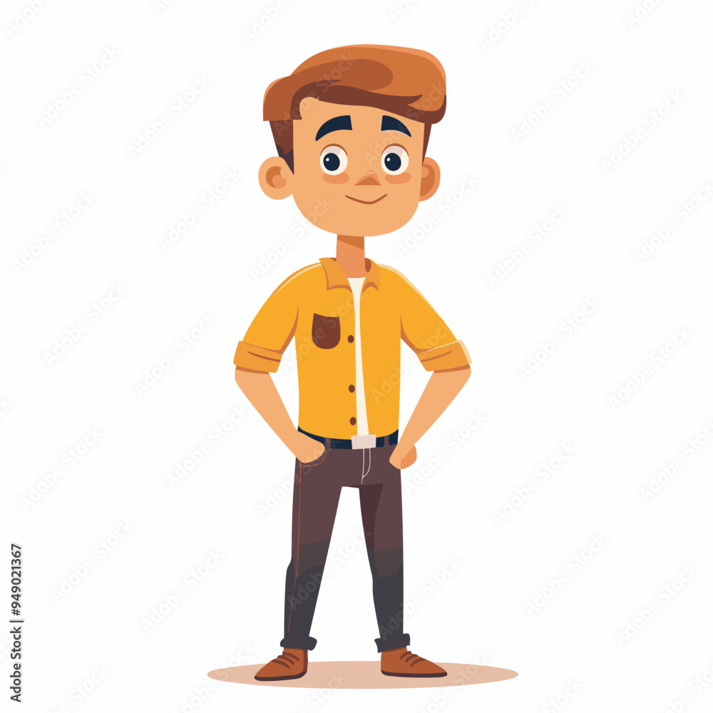 A cartoon boy is standing with his hands on his hips. He is wearing a yellow shirt and blue jeans A cartoon boy is standing with his hands on his hips. He is wearing a yellow shirt and blue jeans